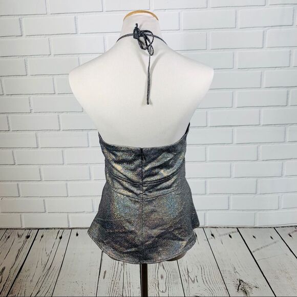 Express Metallic Plunge Neck Peplum Halter Top - Picture 7 of 12